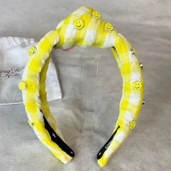 Living Fully Headband Yellow Gingham Knotted Allover Smiley Face w/ Dust Bag OS - Picture 5 of 11